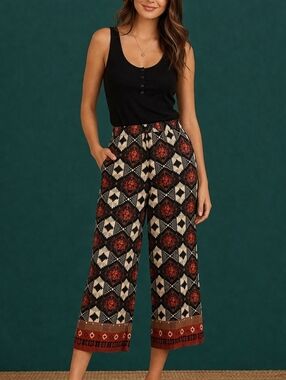 Vtg EMMA G Bohemian Ethnic Tribal Wide-Leg Cropped Festival Pants
